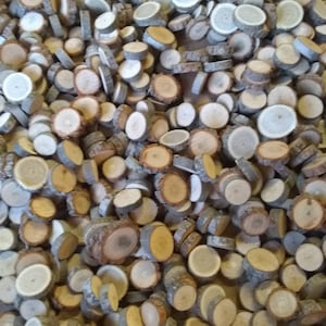 May include: A large pile of natural wood slices, varying in size and color, with some having a light brown bark. The wood slices are perfect for crafting projects, home decor, or adding a rustic touch to any space.