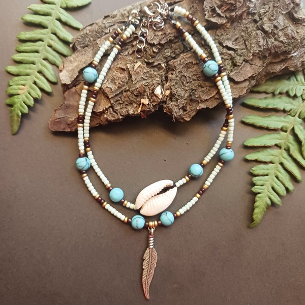 Cowrie Shell Beaded Anklet, Turquoise Layered Anklet With Cowrie Shell And Feather Charm