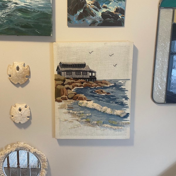 Vintage Sunset Stitchery Morning Tide Ocean Beach Needlepoint / 1970s ocean crewel art piece / Vintage ocean and nautical decor