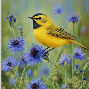 May include: A framed wall art print featuring a bright yellow bird with a black mask and throat patch perched on a cluster of vibrant blue cornflowers. The bird is shown in profile against a soft, out-of-focus green and yellow meadow background.