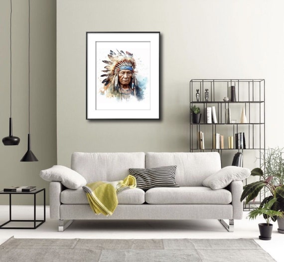 ネイティブアメリカンインディアンチーフの印刷可能な壁アート、水彩画