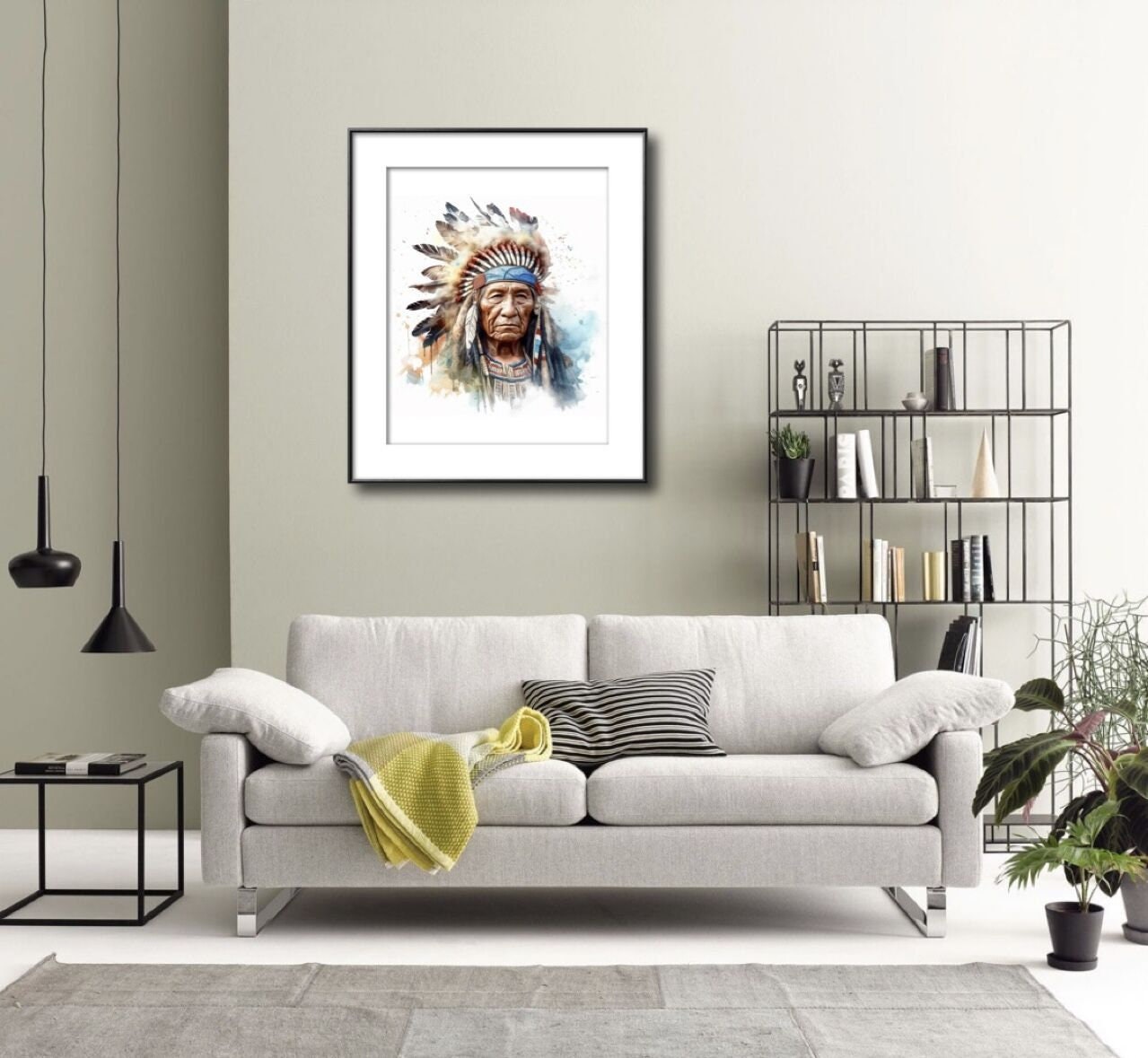 ネイティブアメリカンインディアンチーフの印刷可能な壁アート、水彩画