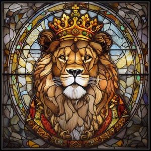 König Löwe Portrait Stained Glass 1 - Kreuzstich Muster Zählmuster - druckbare Tabelle PDF Format Handarbeiten Stickerei Handwerk DIY DMC Farbe