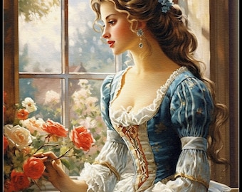 Lady by the window - Counted Cross Stitch Patterns - Printable Chart PDF Format Needlework Embroidery Crafts DIY DMC color