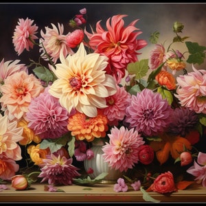Dahlia Flowers - Counted Cross Stitch Patterns - Printable Chart PDF Format Needlework Embroidery Crafts DIY DMC color
