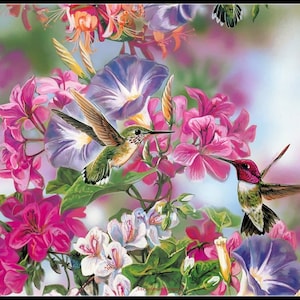 May include: Two hummingbirds with iridescent green and red feathers are perched on a branch of pink and white flowers. The flowers are in bloom and have a soft, delicate appearance. The background is a soft blue and green.