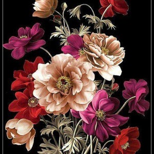 Black Background Flowers 2 - Counted Cross Stitch Patterns - Printable Chart PDF Format Needlework Embroidery Crafts DIY DMC color