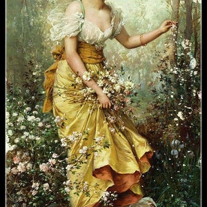 Presentation of a Young Woman in Yellow Dress - Counted Cross Stitch Patterns - Printable Chart PDF Format Needlework Embroidery DMC color