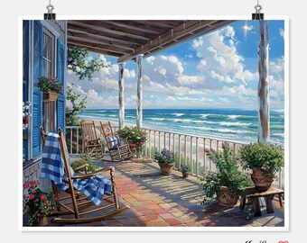 May include: A painting of a porch overlooking the ocean. The porch has rocking chairs, potted plants, and a wooden railing. The ocean is blue and has white waves. The sky is blue and has white clouds. The painting is in a realistic style.
