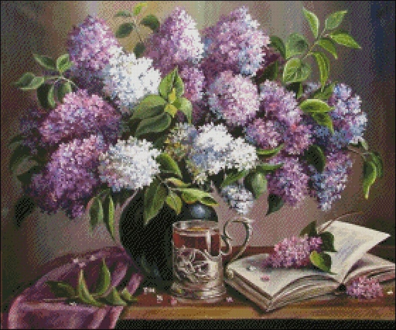 Tea With Lilacs Counted Cross Stitch Patterns Printable Chart PDF