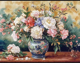 May include: A still-life painting of a floral arrangement in a blue and white vase. The bouquet features large white, pink, and red peonies, with smaller pink blossoms and green foliage. The vase sits on a wooden surface against a textured background.