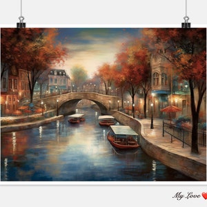 Peut inclure: Une peinture représentant une scène de canal avec un pont, des bateaux et des bâtiments. Les bâtiments sont bordés d'arbres aux feuilles rouges. L'eau est bleue et le ciel est bleu clair avec des nuages. La scène est éclairée par des lampadaires.