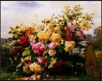 May include: A vibrant bouquet of pink, yellow, and white roses, with green leaves, arranged on a mossy log. The flowers are in full bloom and are surrounded by a lush green background.