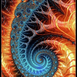 Puede incluir: Una obra de arte digital que presenta un patrón fractal azul y naranja. El patrón es una espiral con una serie de espirales más pequeñas dentro de ella. Los colores son vibrantes y la imagen es abstracta.