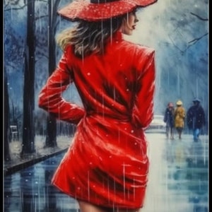 Red Lady in a Rainy Day - Counted Cross Stitch Patterns - Printable Chart PDF Format Needlework Embroidery Crafts DIY DMC color