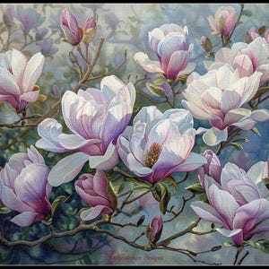 Può includere: Dipinto di fiori di magnolia in varie fasi di fioritura. I petali sono bianchi con accenti rosa e viola, su uno sfondo blu e verde tenue. I rami sono marroni, creando una scena tranquilla ed elegante.