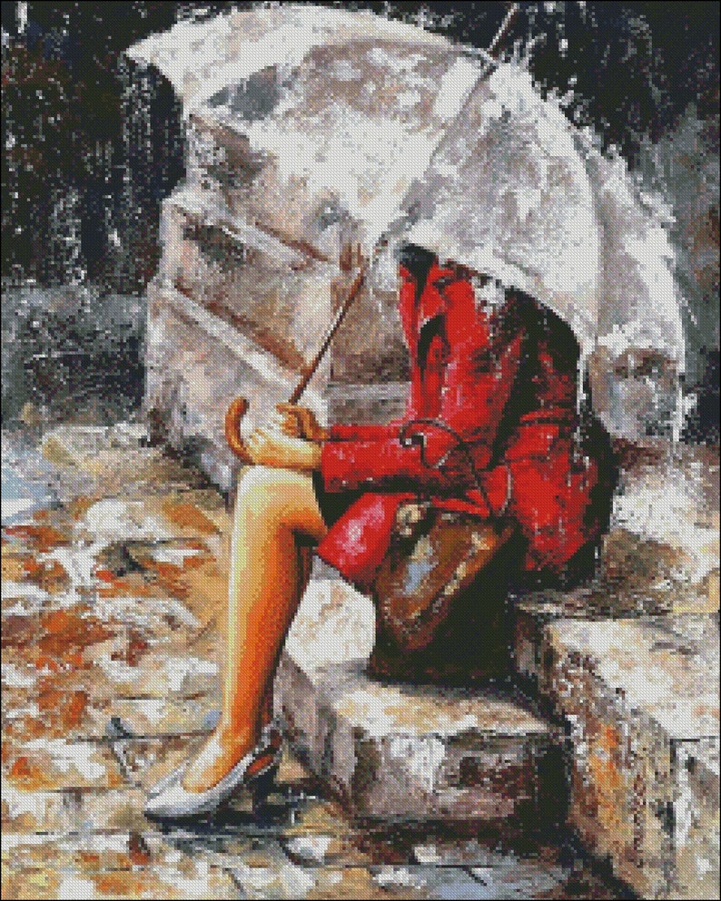 Counted Cross Stitch Patterns Printable Chart PDF Format Needlework Embroidery Crafts DIY DMC color Lady in Red 5