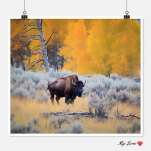 May include: A brown bison stands in a field of tall grass with a backdrop of yellow and orange trees. The bison is looking to the left of the image.
