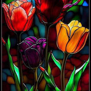Tulips Stained Glass - Counted Cross Stitch Patterns - Printable Chart PDF Format Needlework Embroidery Crafts DIY DMC color