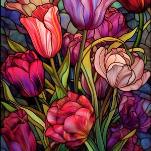 Tulpen Gebrandschilderd glas 7 - Getelde kruissteekpatronen - Afdrukbare grafiek PDF-formaat Handwerken Borduren Ambachten DIY DMC kleur