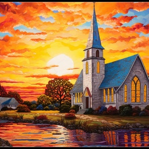 Church at Sunset - Counted Cross Stitch Patterns - Printable Chart PDF Format Needlework Embroidery Crafts DIY DMC color