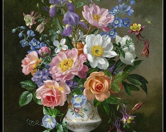 May include: A white porcelain vase with gold accents holds a bouquet of colorful flowers, including pink roses, white peonies, purple irises, and blue delphiniums. The vase sits on a marble pedestal against a dark green background.