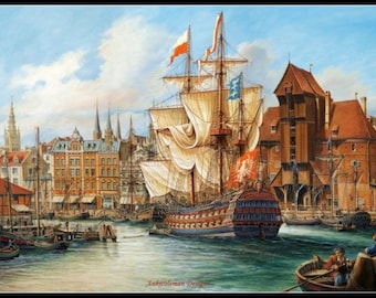 May include: A painting of a large sailing ship with white sails docked in a harbor. The ship has a red, white, and blue flag flying from the mast. The harbor is lined with buildings and there are smaller boats in the water.