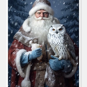 May include: A white-bearded man wearing a red and white fur-trimmed coat and a traditional Russian Santa hat holds a white owl and a white bird in a snowy winter scene.