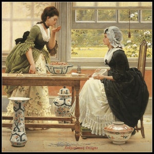 May include: Two women in period dress are seated at a table in a sunlit room. One woman is holding a bowl of red berries, while the other is holding a white bowl. The table is decorated with a vase, a jar, and a mortar and pestle. The room is decorated with a window, a chair, and a rug.