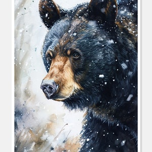 May include: A watercolor painting of a black bear in a snowy forest. The bear is looking to the left, and the snow is falling around it. The painting is done in a realistic style, and the bear's fur is very detailed.