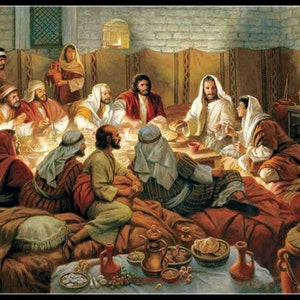 May include: A painting depicting a group of people gathered around a table, likely a religious scene. The figures are dressed in traditional clothing, and the table is set with food and drink. The painting is done in a realistic style, with a warm color palette.