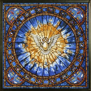 May include: A stained glass window depicting a dove with outstretched wings, surrounded by a circular frame of blue, gold, and red stained glass.