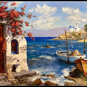 May include: A painting of a white building with a blue door and a red flower vine growing on the side. The building is located on a rocky shore with a blue boat and a small white church in the distance. The sky is blue with white clouds.