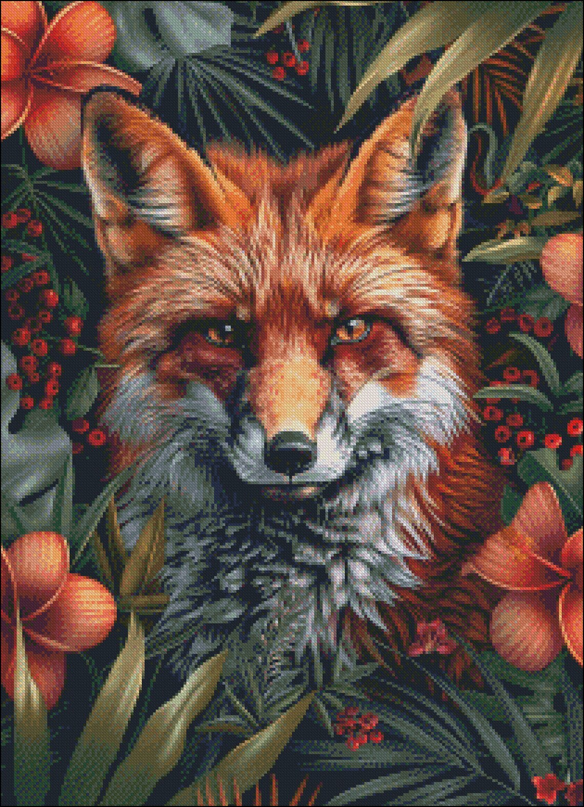 Red Fox Face Flowers - Counted Cross Stitch Patterns - Printable Chart ...