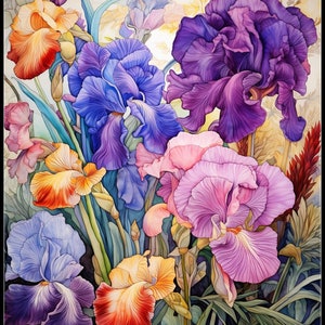 Irissen in de tuin 1 - Getelde kruissteekpatronen - Afdrukbare grafiek PDF-formaat Handwerk Borduurambachten DIY DMC kleur