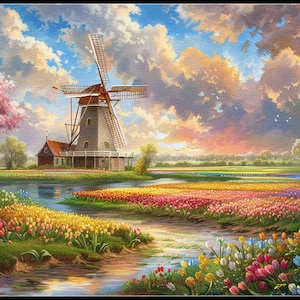 Tulpenvelden met windmolen 1 - getelde kruissteekpatronen - afdrukbare grafiek pdf-formaat handwerken borduren ambachten diy dmc kleur