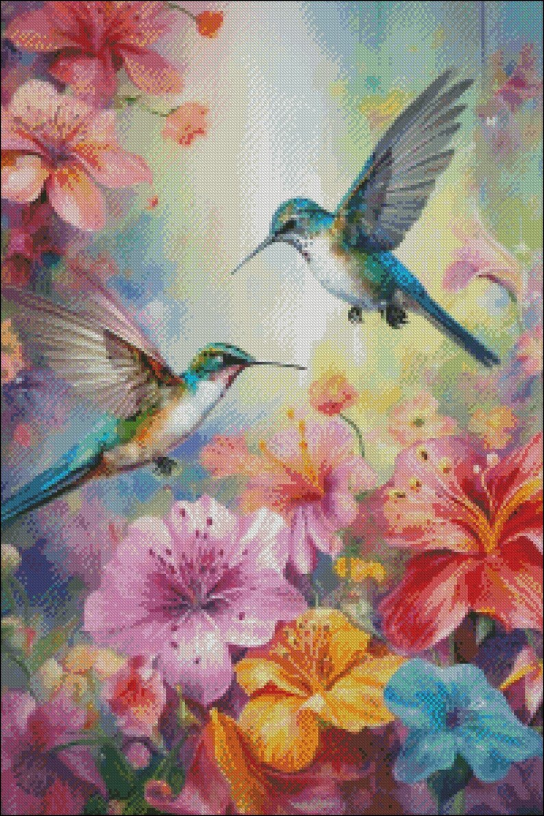 Fluttering Hummingbirds 2 Counted Cross Stitch Patterns Printable Chart PDF Format Needlework
