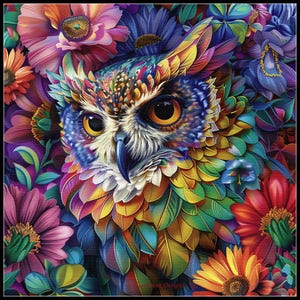 Kleurrijke uil met bloemen 1 - getelde kruissteekpatronen - afdrukbare grafiek pdf-formaat handwerken borduren ambachten diy dmc kleur