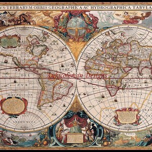 May include: A vintage world map illustration with a detailed depiction of the continents and oceans. The map is surrounded by decorative borders and includes text in Latin and other languages. The map is printed on a cream-coloured background with brown, red, and blue accents.