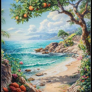 May include: A vibrant painting of a coastal scene. Lush green trees laden with oranges frame a turquoise ocean meeting a sandy beach. Colorful flowers and a stone path add detail to this idyllic landscape.