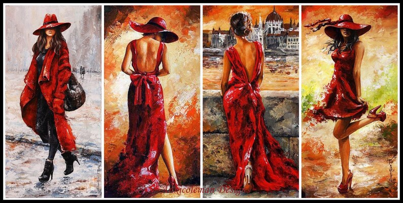 Counted Cross Stitch Patterns Printable Chart PDF Format Needlework Embroidery Crafts DIY DMC color Lady in Red 5