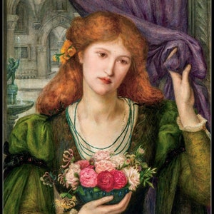 May include: A painting of a woman with long red hair holding a bouquet of pink and red roses in a blue bowl. She is wearing a green dress with a white collar and a pearl necklace. She is standing in front of a window with a purple curtain.