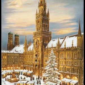 May include: A painting of a snowy European city square with a tall, ornate clock tower, a large Christmas tree, and a bustling Christmas market. The scene is lit by warm, golden lights.