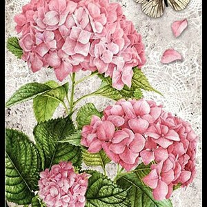 May include: A watercolor painting of pink hydrangeas with green leaves and a white butterfly. The flowers are arranged in a bouquet and the background is a light gray with a white lace overlay.