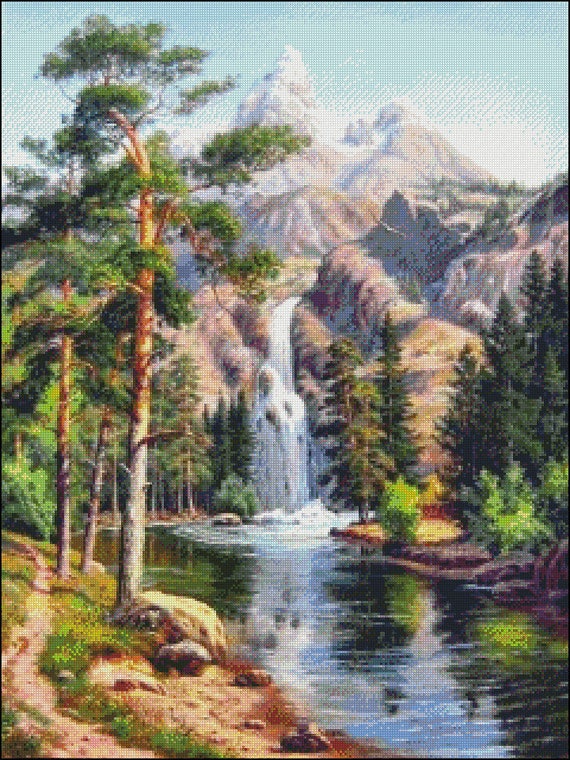 Waterfall in the Mountains - Counted Cross Stitch Patterns