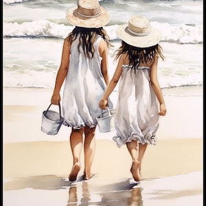 May include: Two girls in white dresses and straw hats walk along a sandy beach with the ocean in the background. They are carrying buckets.