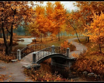 Autumn Scenic Bridge - Counted Cross Stitch Patterns - Printable Chart PDF Format Needlework Embroidery Crafts DIY DMC color