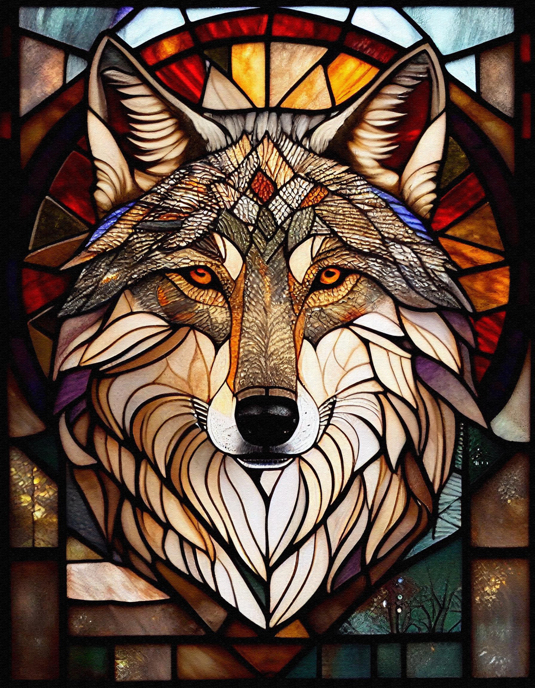 ステンドグラスの狼2 - クロスステッチ図案 - 印刷可能な図案 PDF形式