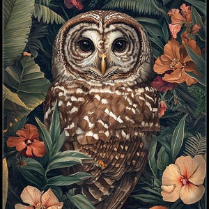 May include: A detailed illustration of a Barred Owl surrounded by lush green foliage and vibrant orange and peach flowers. The owl has brown and white patterned feathers and large, dark eyes, creating a striking contrast against the tropical backdrop.