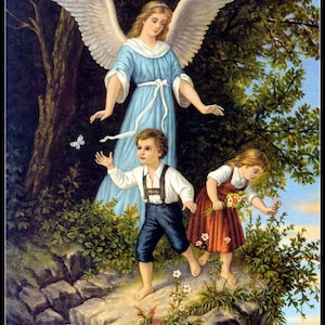 Ángel de la guarda protegiendo a niño y niña - Patrones de punto de cruz contados - Gráfico imprimible Formato PDF Costura Bordado Manualidades DIY